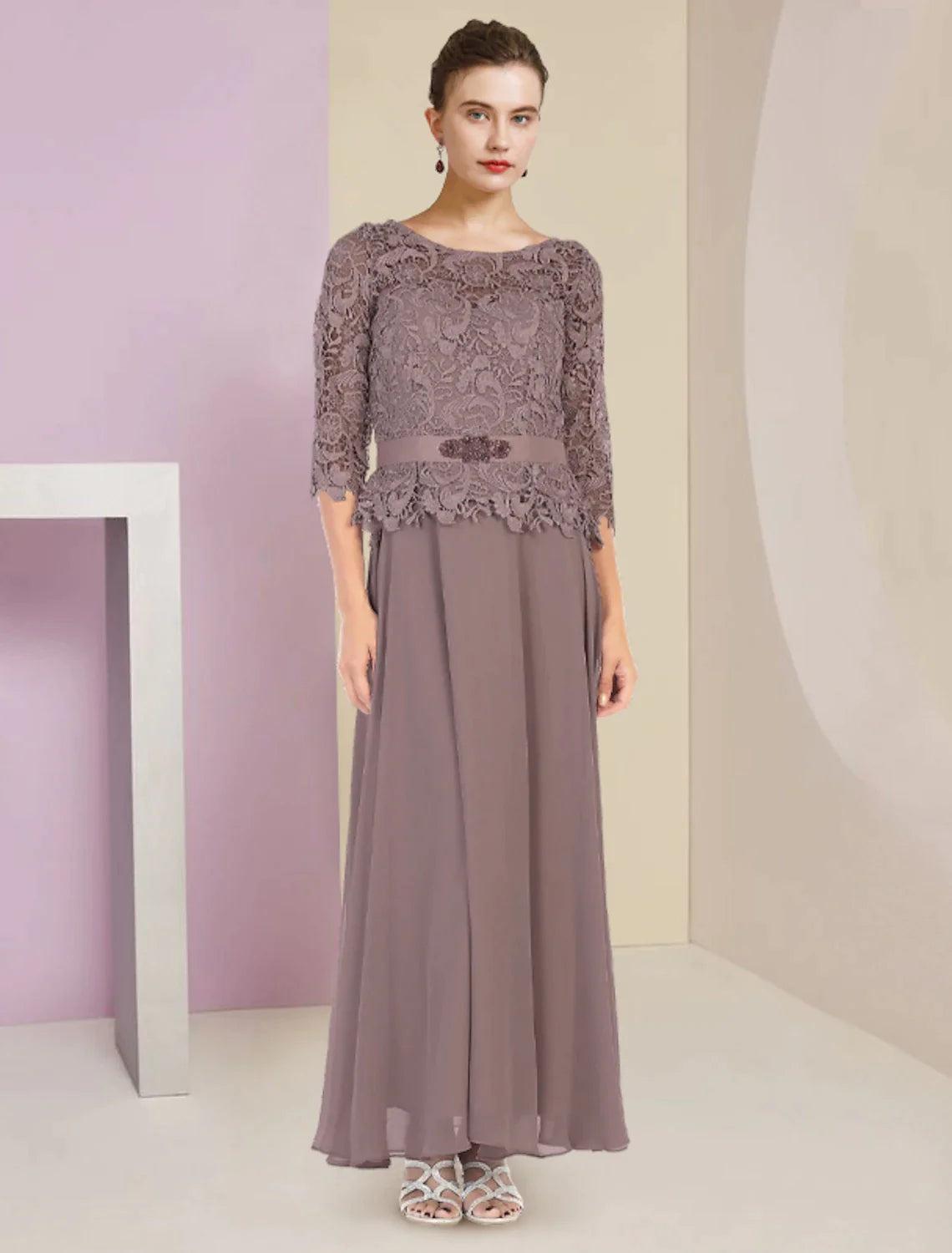 Two Piece A-Line Mother of the Bride Dress Formal Wedding Guest Elegant Scoop Neck Floor Length Chiffon Lace 3/4 Length Sleeve Wrap Included with Appliques Crystal Brooch