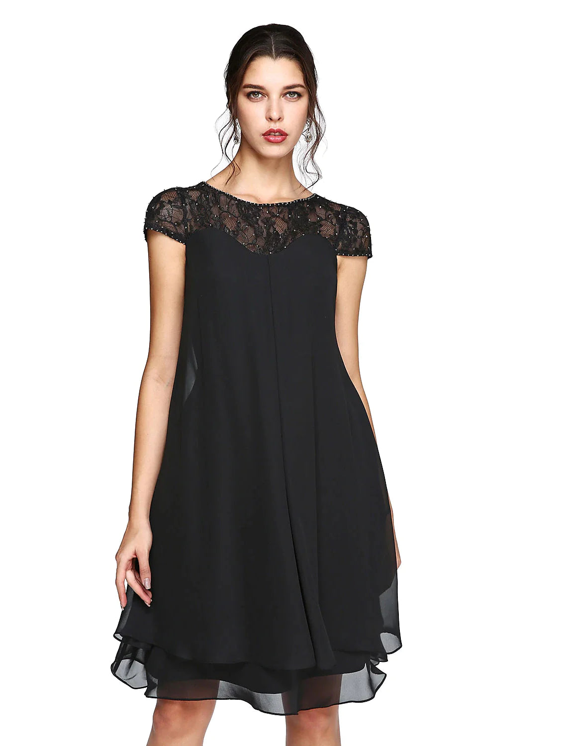 A-Line Mother of the Bride Dress Plus Size Elegant Illusion Neck Knee Length Chiffon Lace Short Sleeve with Sequin