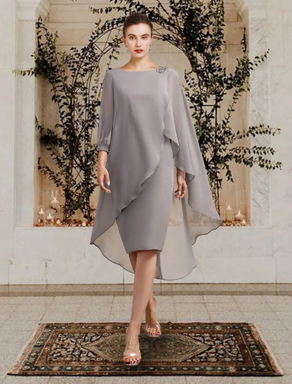 Sheath / Column Mother of the Bride Dress Elegant Jewel Neck Floor Length Chiffon 3/4 Length Sleeve with Beading Sequin