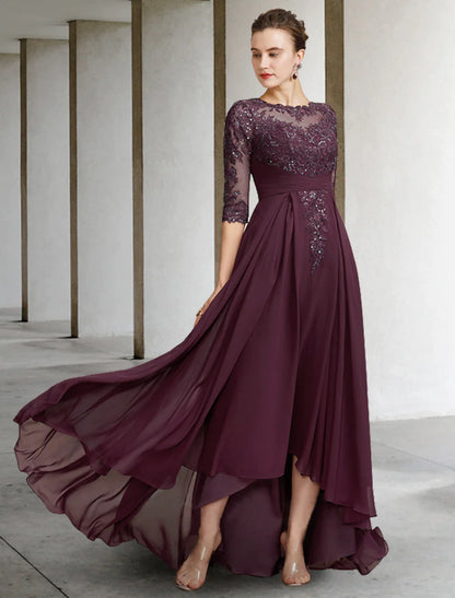 A-Line Mother of the Bride Dress Elegant High Low Jewel Neck Asymmetrical Floor Length Chiffon Lace Half Sleeve with Pleats Appliques