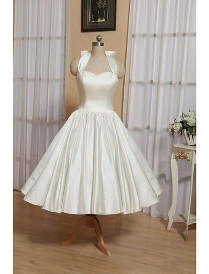 Reception Little White Dresses Wedding Dresses A-Line Halter Sleeveless Tea Length Satin Bridal Gowns With Bow(s) Pleats