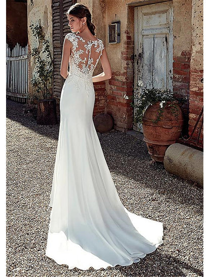 Beach Open Back Wedding Dresses Mermaid / Trumpet Illusion Neck Cap Sleeve Court Train Chiffon Bridal Gowns With Appliques Summer Fall Wedding Party