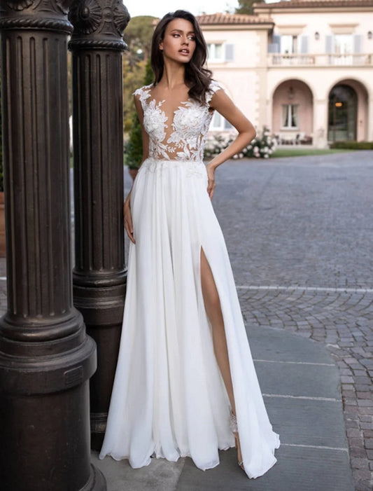 Beach Open Back Wedding Dresses A-Line Illusion Neck Cap Sleeve Sweep / Brush Train Chiffon Bridal Gowns With Appliques Split Front