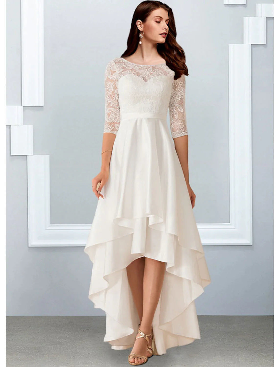 Reception Little White Dresses Wedding Dresses A-Line Illusion Neck Half Sleeve Asymmetrical Chiffon Bridal Gowns With Cascading Ruffles