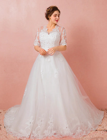 Hall Wedding Dresses A-Line V Neck Half Sleeve Cathedral Train Satin Bridal Gowns With Lace Crystals