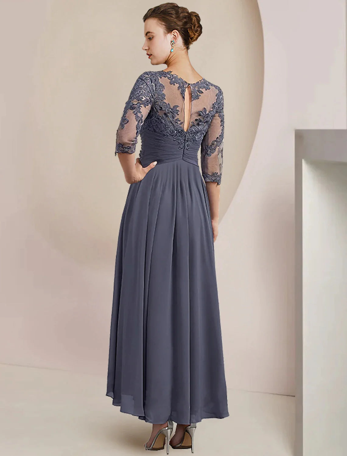 wo Piece A-Line Mother of the Bride Dress Formal Wedding Guest Elegant Scoop Neck Tea Length Chiffon Lace 3/4 Length Sleeve Wrap Included with Appliques Ruching