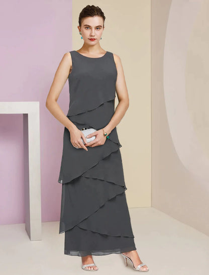 Sheath / Column Mother of the Bride Dress Formal Wedding Guest Elegant Scoop Neck Ankle Length Chiffon Sleeveless Wrap Included with Cascading Ruffles