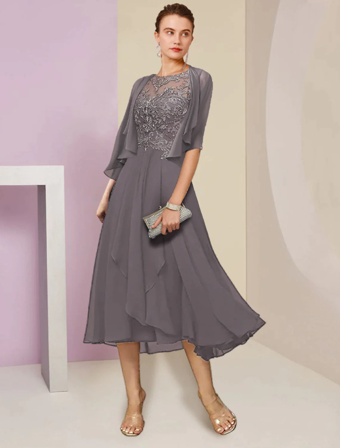 Two Piece A-Line Mother of the Bride Dress Formal Wedding Guest Elegant Scoop Neck Tea Length Chiffon Lace Half Sleeve Wrap Included with Beading Sequin Appliques