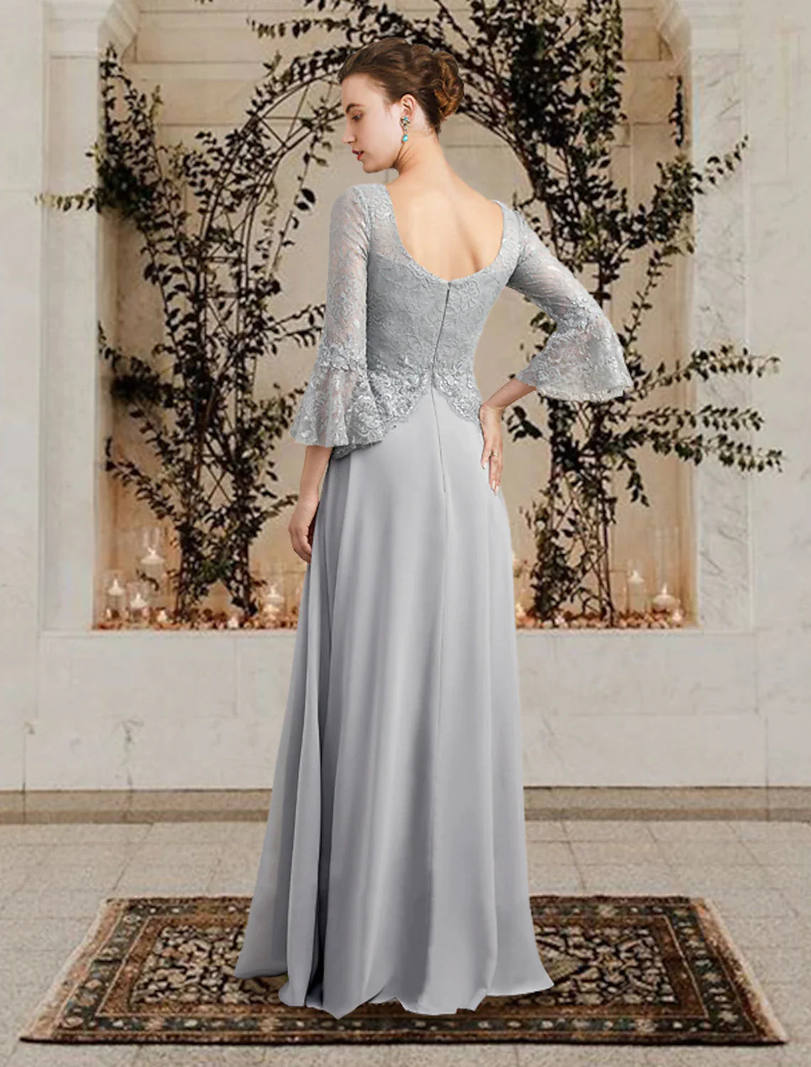 A-Line Mother of the Bride Dress Plus Size Elegant V Neck Floor Length Chiffon Lace 3/4 Length Sleeve with Pleats Sequin Appliques