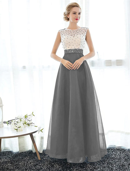 A-Line Beautiful Back Elegant Beaded & Sequin Prom Formal Evening Dress Illusion Neck Sleeveless Floor Length Tulle Over Lace with Beading