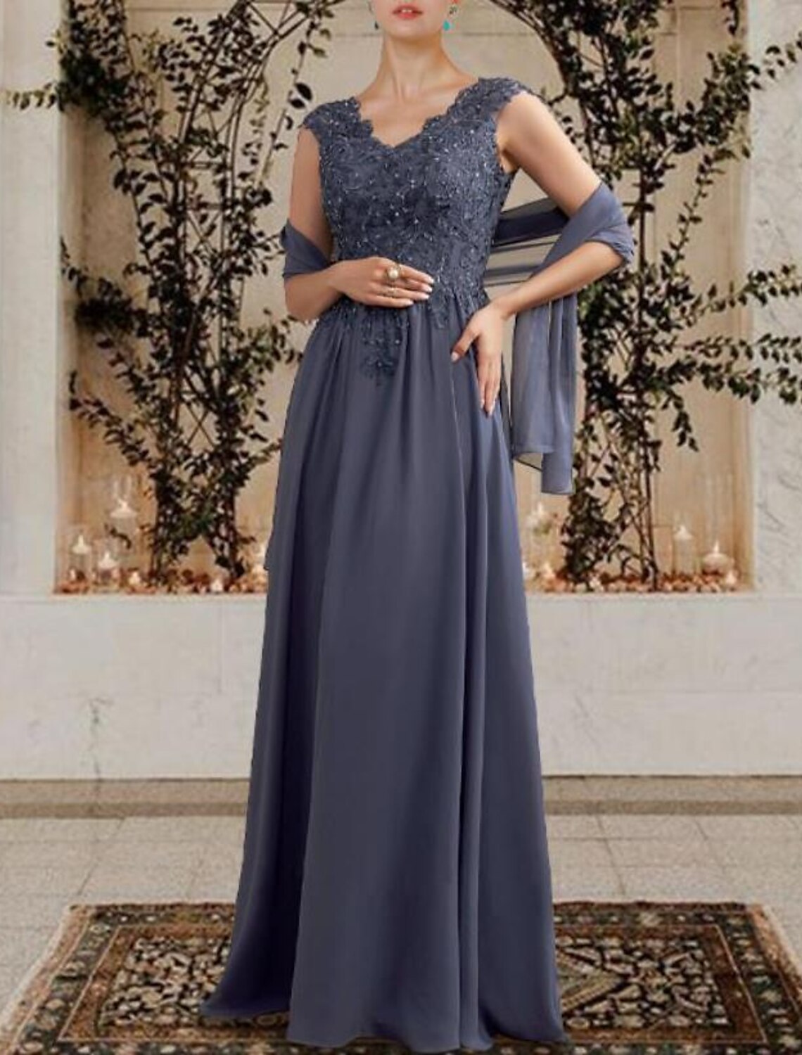 A-Line Mother of the Bride Dress Elegant V Neck Floor Length Chiffon Lace Sleeveless Shawls with Pleats Sequin Crystal Brooch