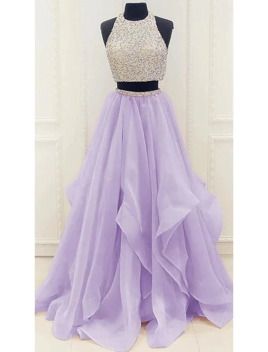 Two Piece Ball Gown Prom Dresses Sparkle & Shine Dress Party Wear Floor Length Sleeveless Halter Organza with Sequin