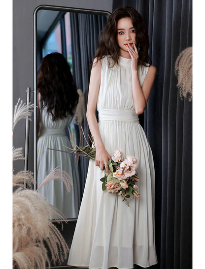 Reception Little White Dresses Wedding Dresses A-Line High Neck Sleeveless Tea Length Chiffon Bridal Gowns With Pleats