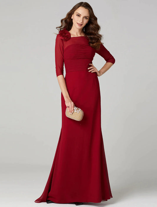 Sheath / Column Keyhole Dress Holiday Floor Length 3/4 Length Sleeve Bateau Neck Charmeuse with Ruched Flower