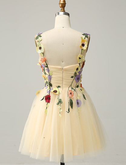 A-Line Homecoming Dresses Floral Dress Cocktail Party Short / Mini Sleeveless Spaghetti Strap Tulle with Appliques
