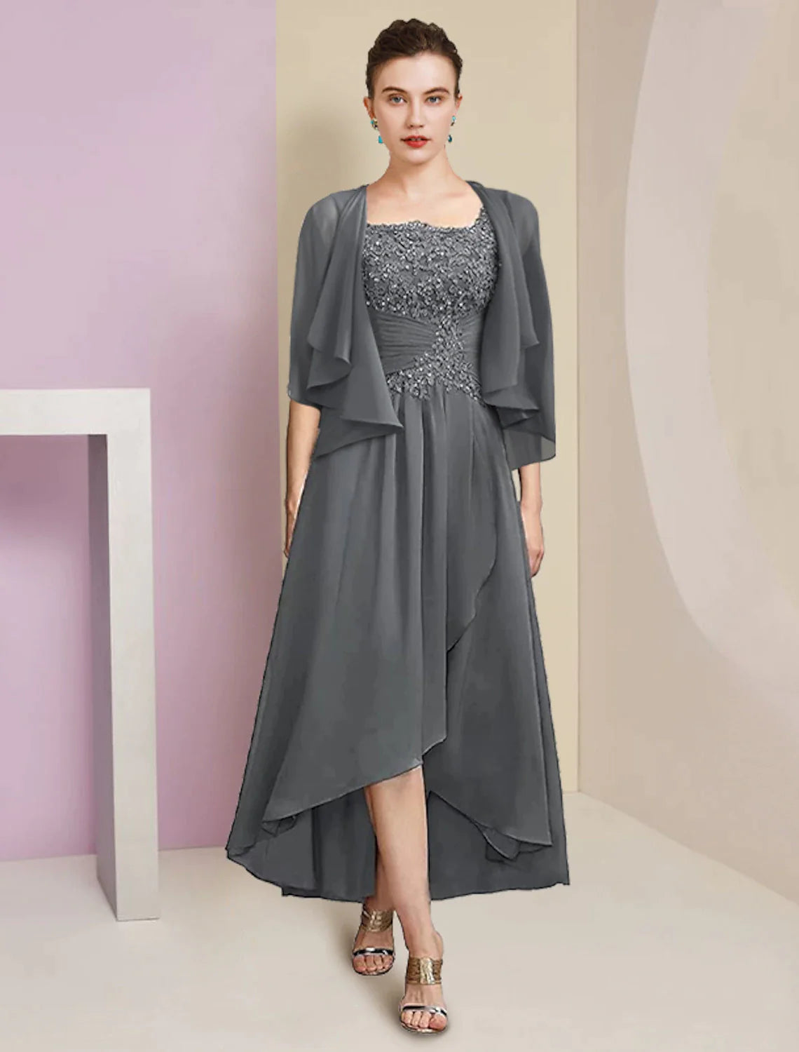 Two Piece A-Line Mother of the Bride Dress Formal Wedding Guest Party Elegant Square Neck Asymmetrical Tea Length Chiffon Lace 3/4 Length Sleeve Wrap Included with Ruched Appliques