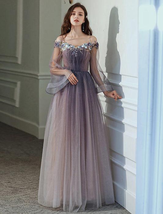 A-Line Minimalist Elegant Party Wear Prom Dress Off Shoulder Long Sleeve Floor Length Tulle with Appliques