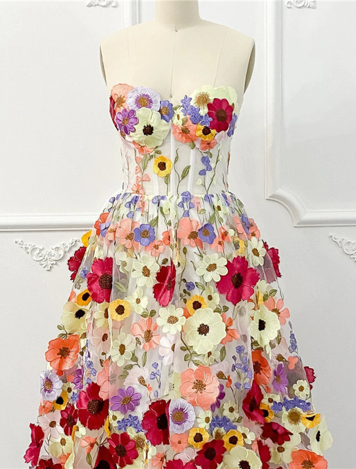 A-Line Cocktail Dresses Floral Dress Summer Knee Length Sleeveless Strapless Tulle with Appliques