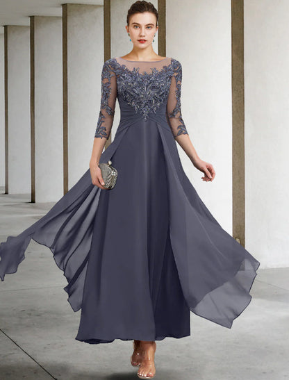 A-Line Mother of the Bride Dress Wedding Guest Plus Size Elegant Jewel Neck Ankle Length Chiffon Lace 3/4 Length Sleeve with Ruched Sequin Appliques