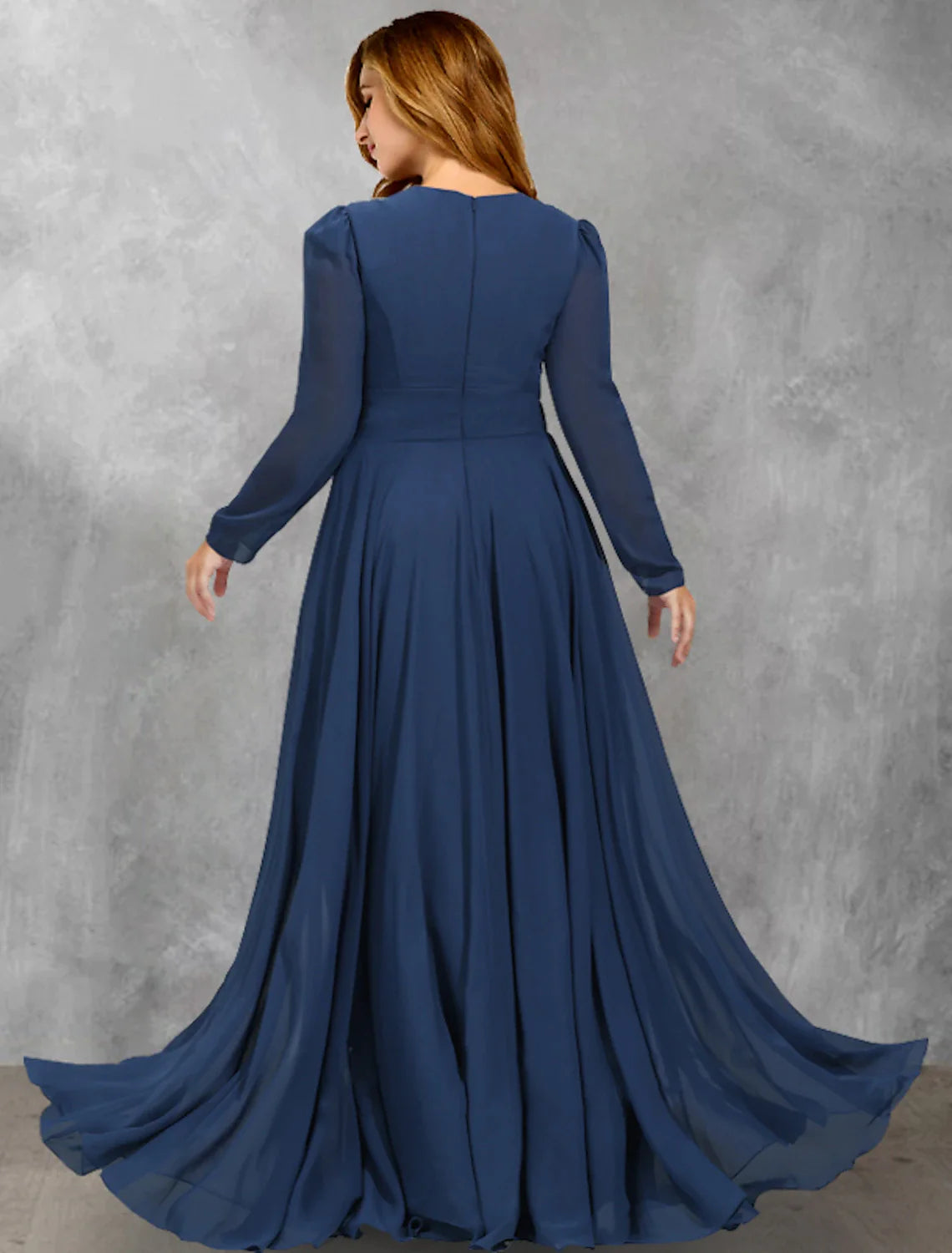 A-Line Plus Size Curve Mother of the Bride Dresses Vintage Dress Formal Floor Length Long Sleeve V Neck Chiffon with Pleats Ruffles