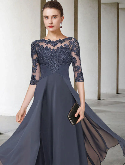 A-Line Mother of the Bride Dress Elegant Jewel Neck Ankle Length Chiffon Lace Short Sleeve with Ruched Appliques