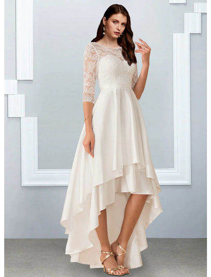 Reception Little White Dresses Wedding Dresses A-Line Illusion Neck Half Sleeve Asymmetrical Chiffon Bridal Gowns With Cascading Ruffles