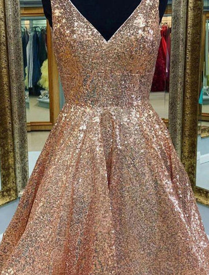 A-Line Homecoming Dresses Sparkle & Shine Dress Party Wear Tea Length Sleeveless V Neck Sequined with Sequin