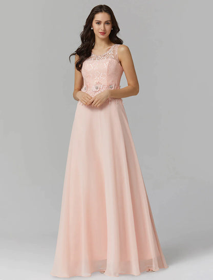 A-Line Empire Dress Wedding Guest Floor Length Sleeveless Illusion Neck Chiffon with Beading Appliques