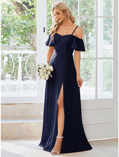 A-Line Wedding Guest Dresses Elegant Dress Formal Floor Length Short Sleeve Off Shoulder Stretch Fabric with Slit