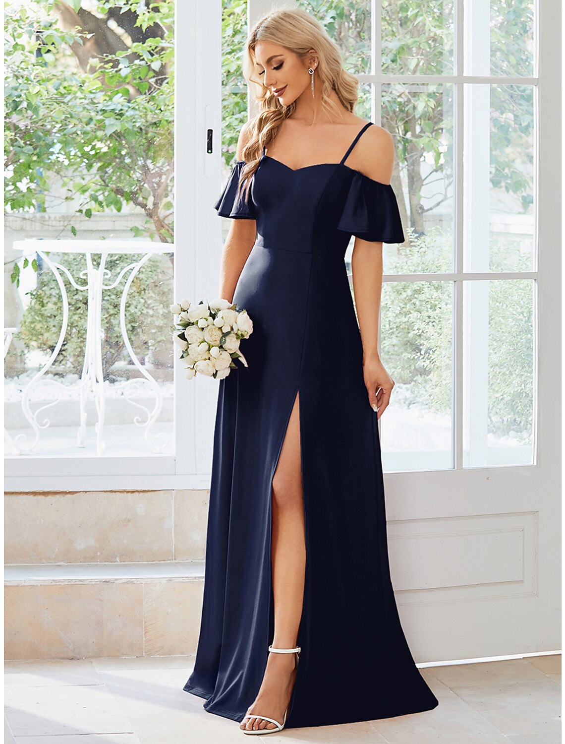 A-Line Wedding Guest Dresses Elegant Dress Formal Floor Length Short Sleeve Off Shoulder Stretch Fabric with Slit Pure Color