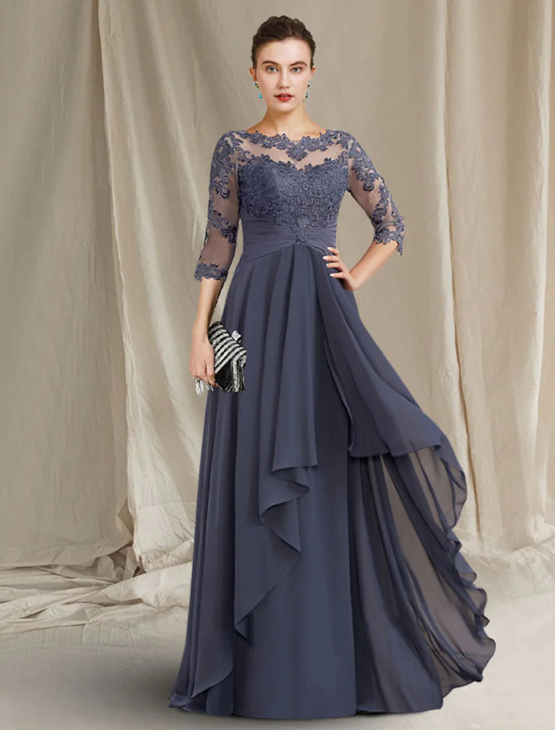 A-Line Mother of the Bride Dress Plus Size Elegant Jewel Neck Floor Length Chiffon Lace 3/4 Length Sleeve with Pleats Ruched Appliques