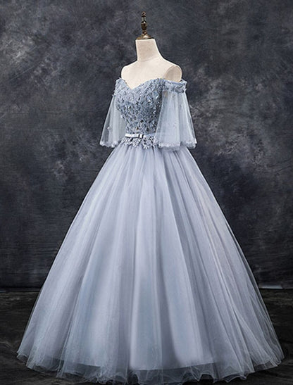 Ball Gown Elegant Floral Quinceanera Formal Evening Dress Off Shoulder Half Sleeve Floor Length Tulle with Appliques