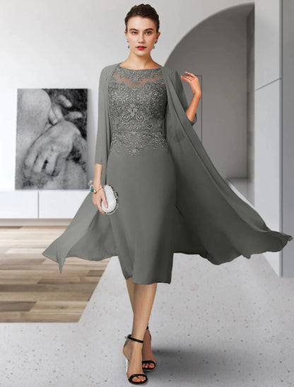 Two Piece Sheath / Column Mother of the Bride Dress Elegant Jewel Neck Tea Length Chiffon Lace Sleeveless with Appliques