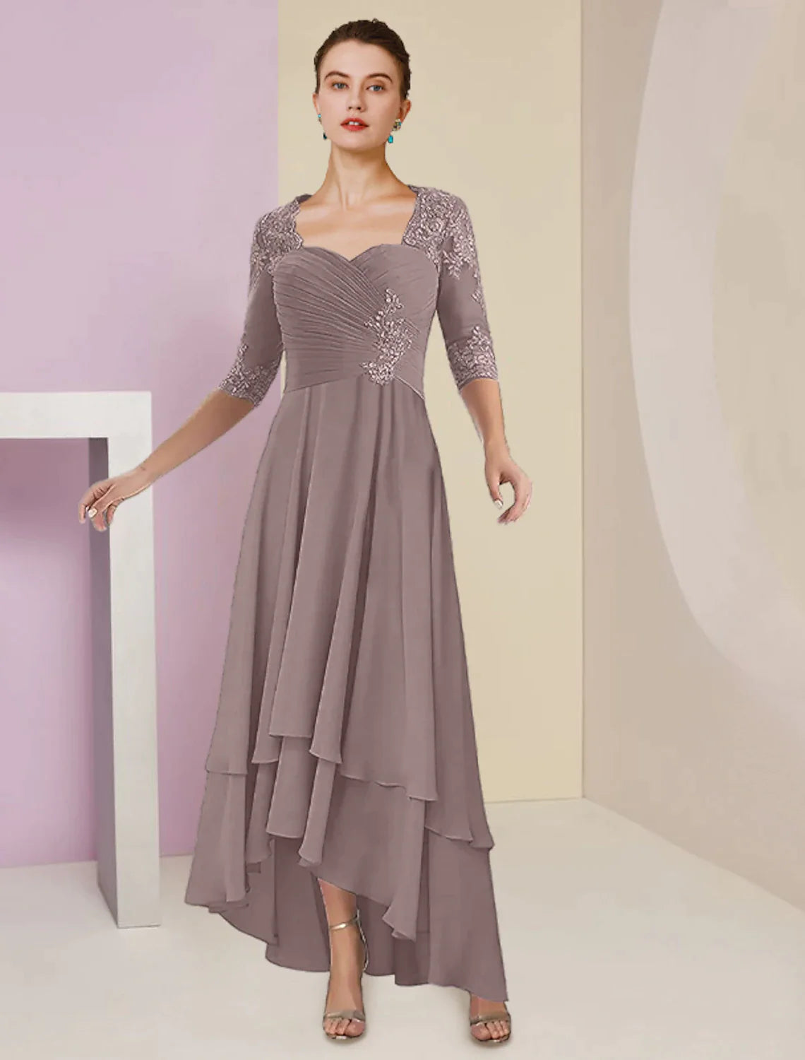 Two Piece A-Line Mother of the Bride Dress Formal Wedding Guest Elegant Square Neck Asymmetrical Tea Length Chiffon Lace 3/4 Length Sleeve Wrap Included with Ruched Tier Appliques