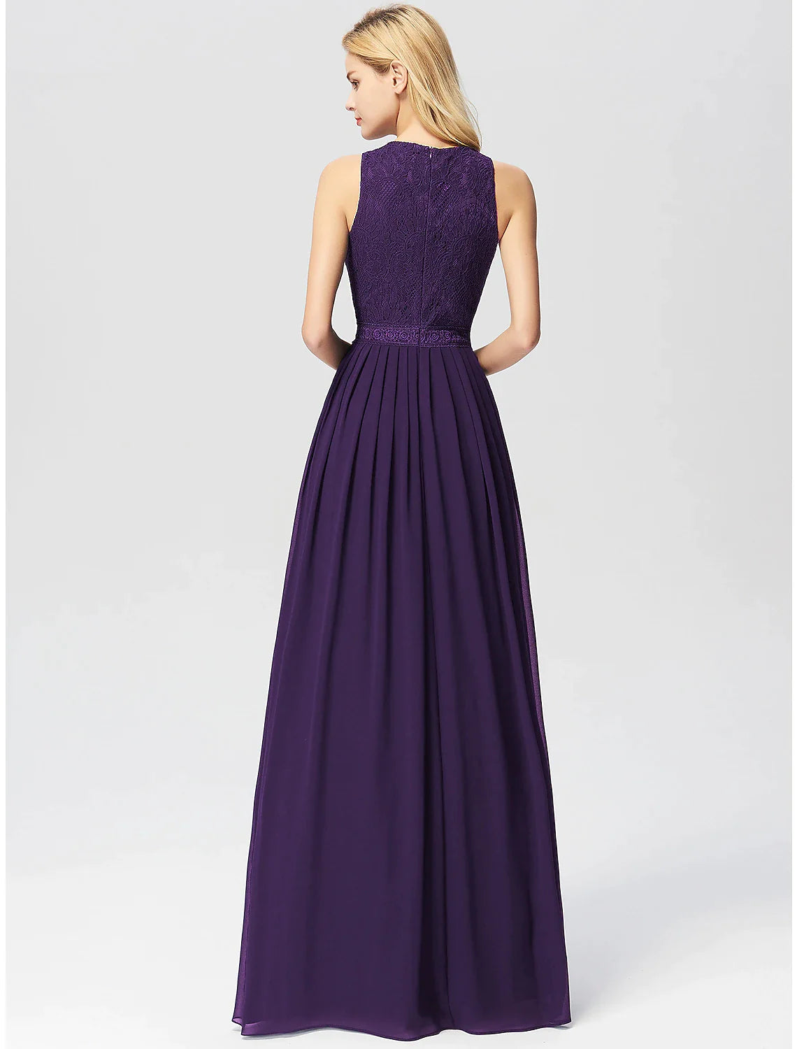 A-Line Prom Dresses Maxi Dress Wedding Guest Floor Length Sleeveless Jewel Neck Chiffon with Pleats Lace Insert