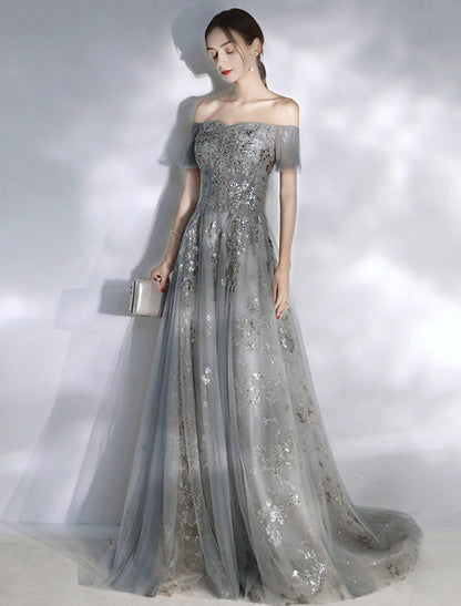 A-Line Evening Gown Glittering Dress Engagement Floor Length Short Sleeve Off Shoulder Spandex with Sequin Appliques