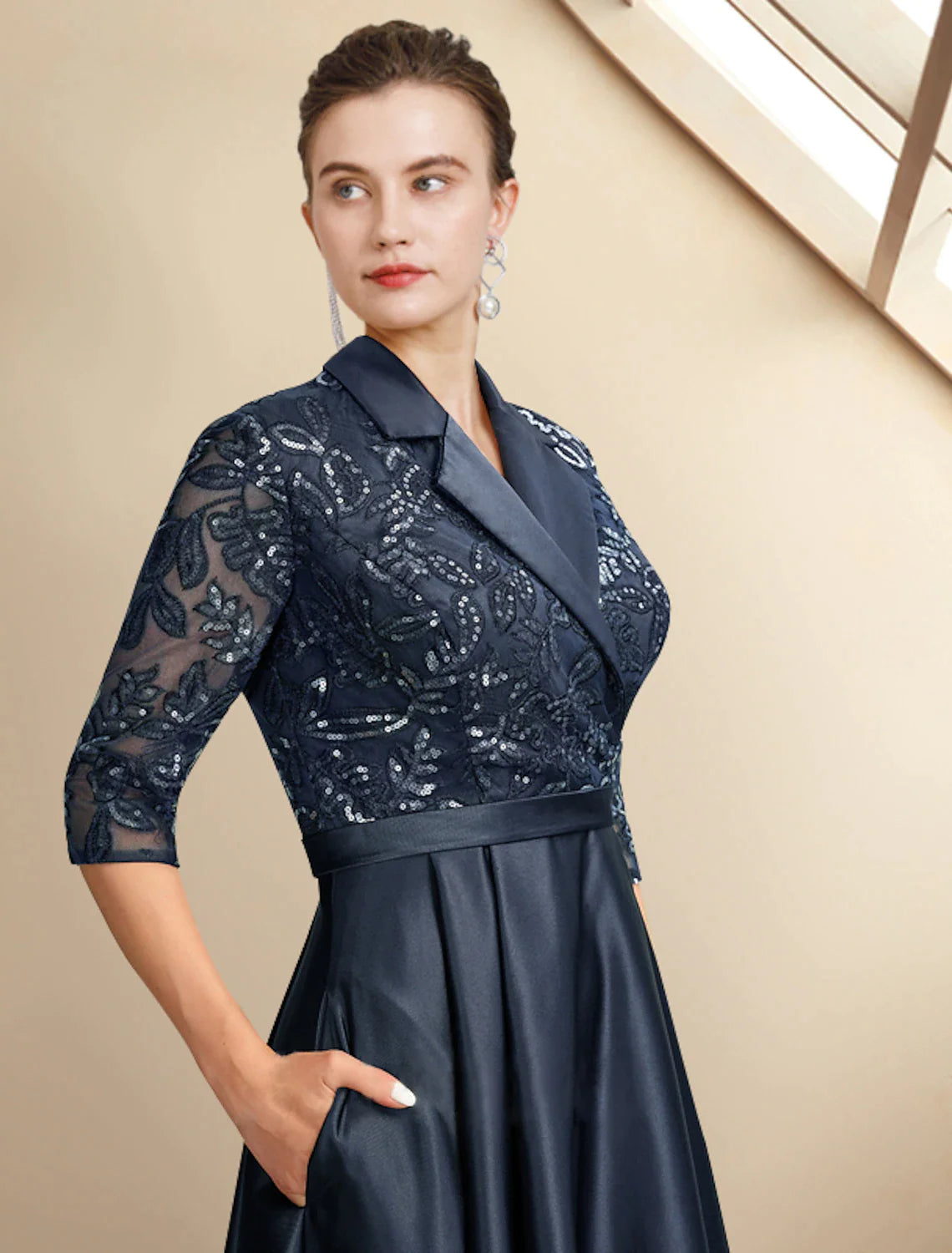 A-Line Mother of the Bride Dress Plus Size Elegant High Low Shirt Collar Asymmetrical Tea Length Satin Lace Half Sleeve with Pleats Sequin Appliques