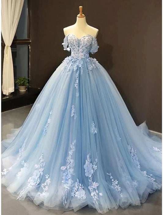 Ball Gown Prom Dresses Floral Wedding Dress Quinceanera Court Train Short Sleeve Sweetheart Lace with Pleats Appliques