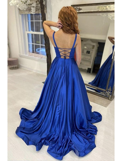 A-Line Prom Dresses Princess Dress Formal Sweep / Brush Train Sleeveless Strapless Satin Backless with Pleats