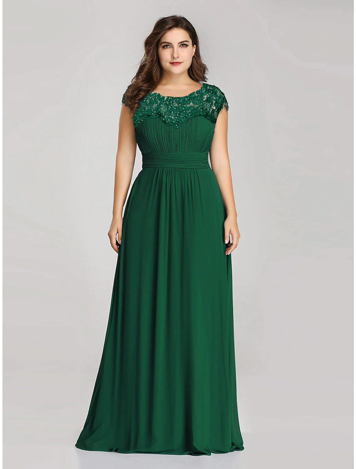 A-Line Mother of the Bride Dress Plus Size Jewel Neck Floor Length Chiffon Short Sleeve with Lace Ruching