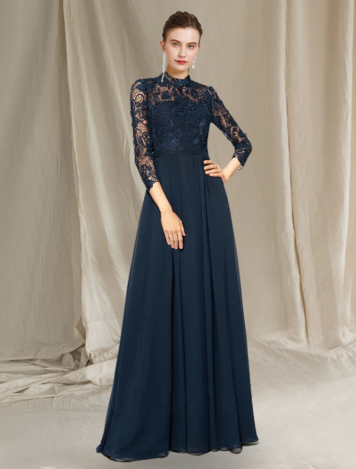 A-Line Mother of the Bride Dress Elegant High Neck Floor Length Chiffon Lace Short Sleeve with Pleats