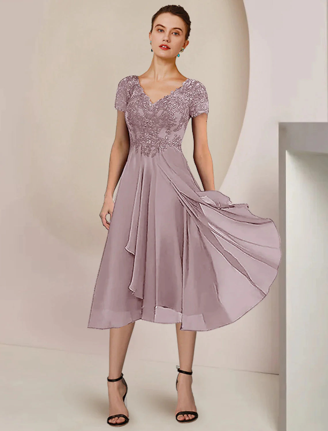 Two Piece A-Line Mother of the Bride Dress Formal Wedding Guest Elegant V Neck Asymmetrical Tea Length Chiffon Lace Short Sleeve Wrap Included with Pleats Appliques