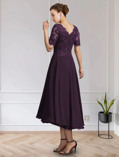 A-Line Mother of the Bride Dress Elegant V Neck Floor Length Chiffon Lace Short Sleeve with Appliques