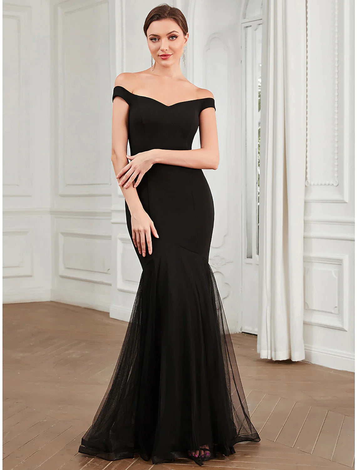 Mermaid / Trumpet Evening Gown Elegant Dress Party Wear Floor Length Sleeveless Off Shoulder Polyester with Pleats
